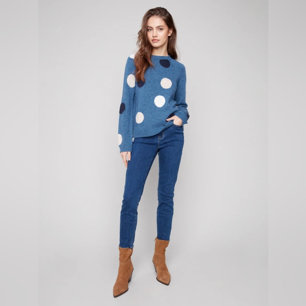 CHARLIE B Blue and White Polka Dot Sweater